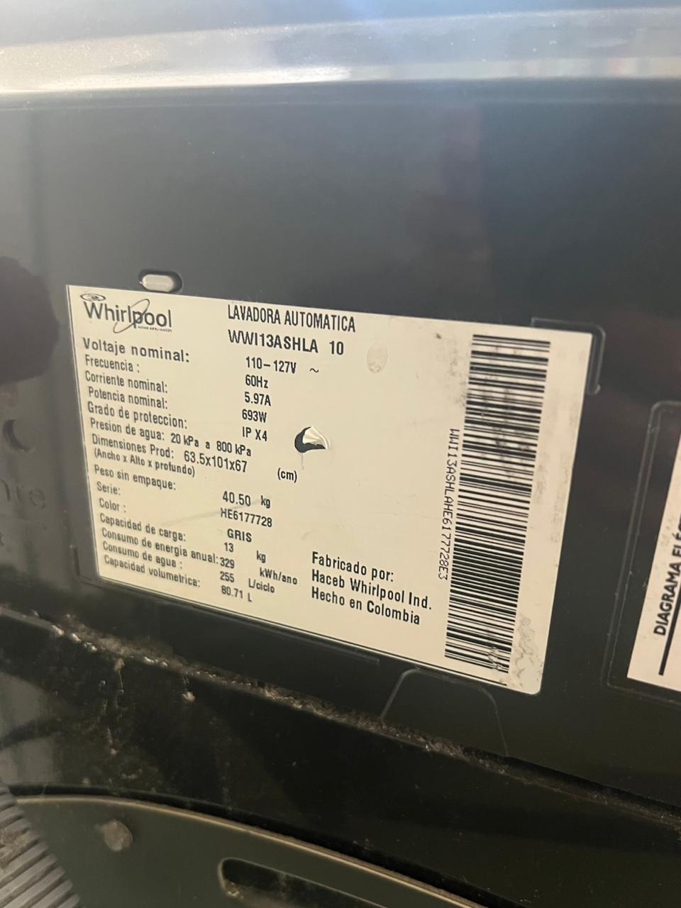 LAVADORA WHIRLPOOL 13 KG